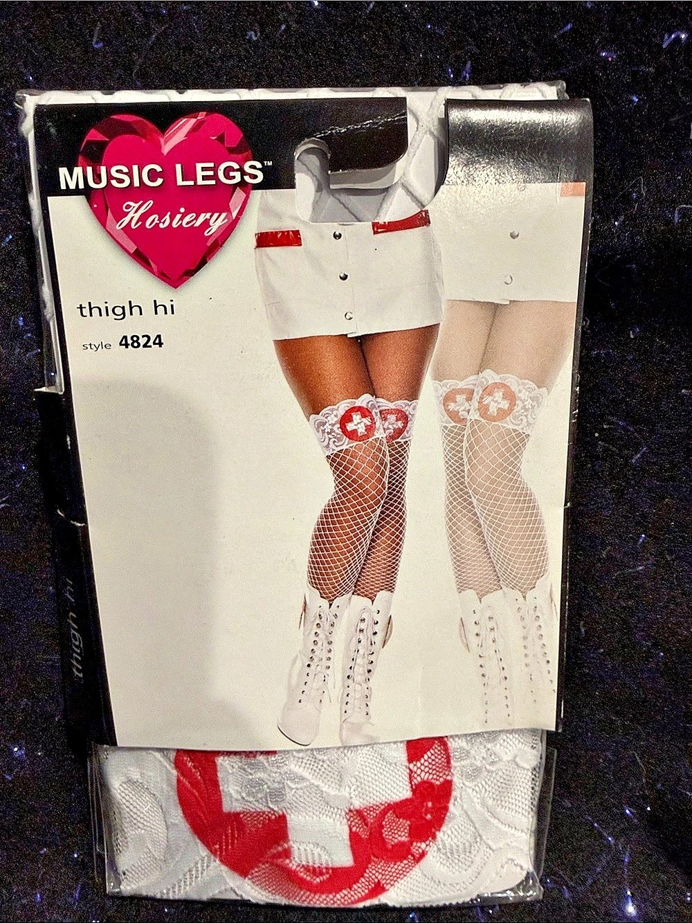Music Legs Nurse Cross Print Fishnet Stockings White & Red